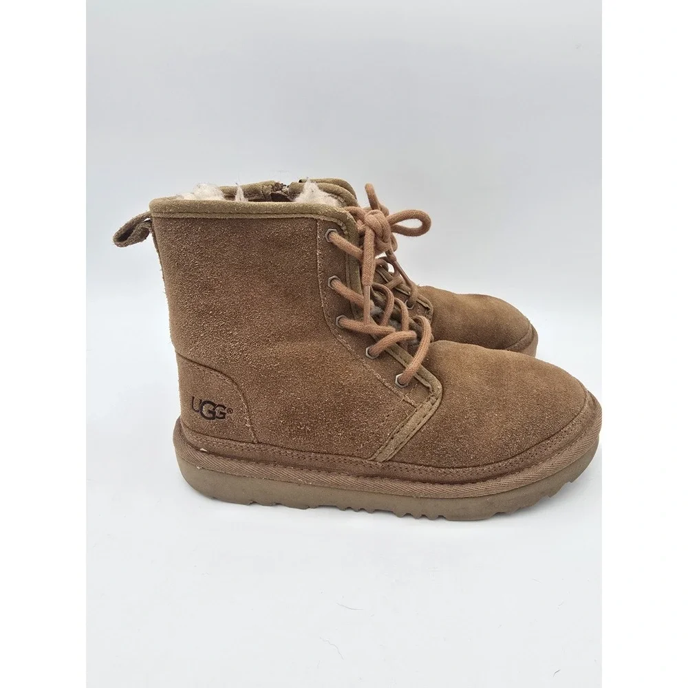 Uggs Harkley Boots Girls Size 3 Chestnut Brown 1017326K Zip Up Lace Up